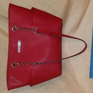 CALVIN KLEIN Saffiano Red Tote Shoulder Bag Silver Hardware